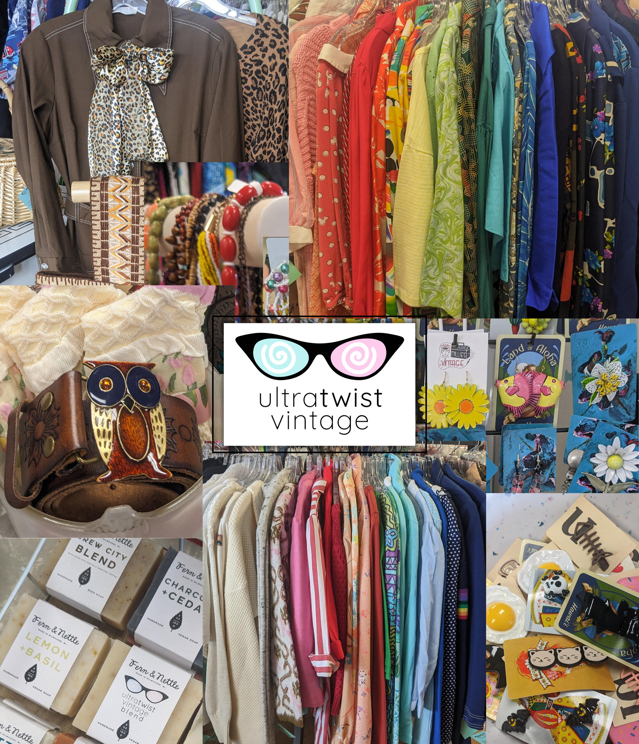 Ultratwist Vintage - 7730 W National Ave - MKE Ultratwist Vintage storefront with turquoise facade, plants, open signs, and window displays with colorful dresses.